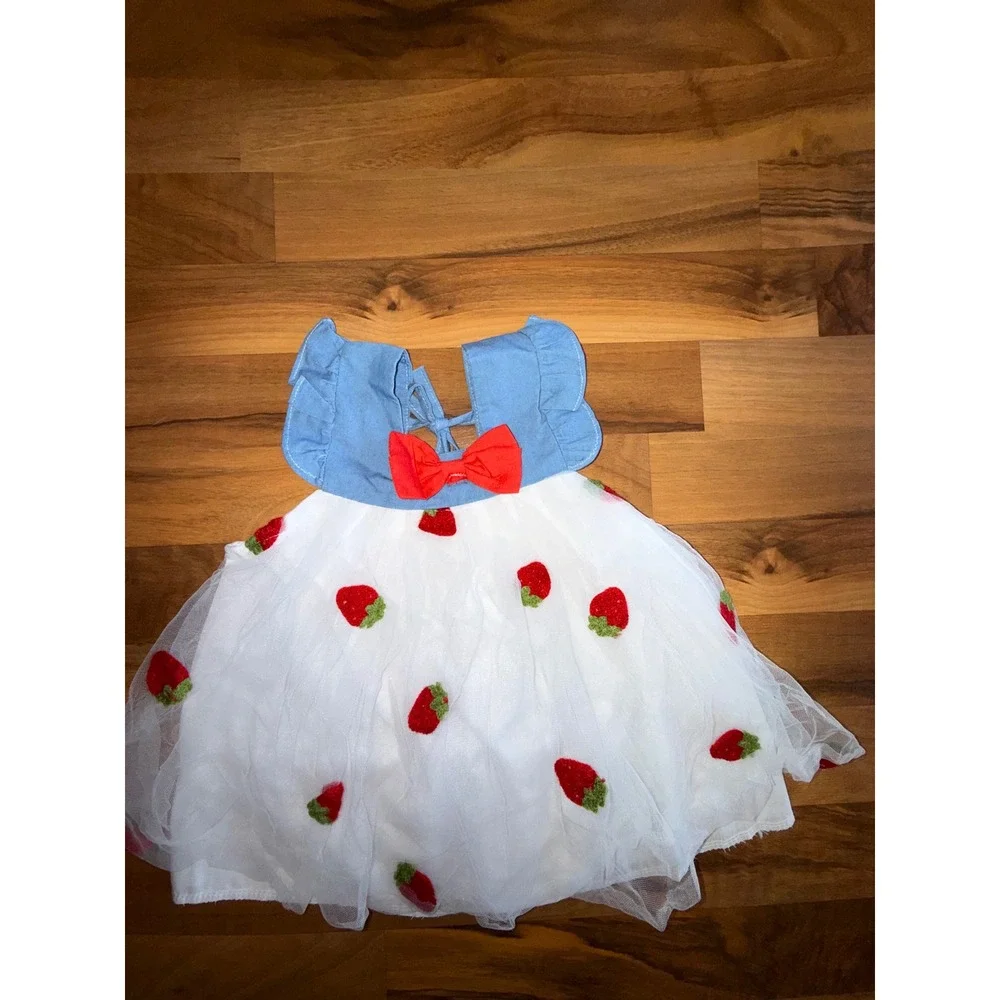 Unbranded Strawberry Tulle Dress Kid3  3-6‎ months? White Blue Flutter Sleeve